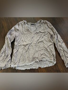 Maven West Frayed V-Neck Long Sleeve Top - Beige